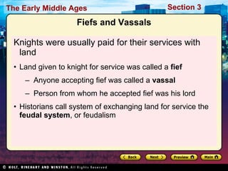 Knights were usually paid for their services with land Land given to knight for service was called a  fief   Anyone accepting fief was called a  vassal Person from whom he accepted fief was his lord Historians call system of exchanging land for service the  feudal system , or feudalism  Fiefs and Vassals 