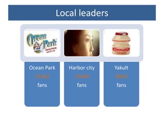 Local leaders




Ocean Park      Harbor city   Yakult
  31562           15440       8916
   fans            fans       fans
 