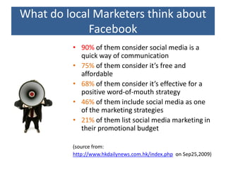What do local Marketers think about
             Facebook
         • 90% of them consider social media is a
           quick way of communication
         • 75% of them consider it’s free and
           affordable
         • 68% of them consider it’s effective for a
           positive word-of-mouth strategy
         • 46% of them include social media as one
           of the marketing strategies
         • 21% of them list social media marketing in
           their promotional budget

         (source from:
         http://www.hkdailynews.com.hk/index.php on Sep25,2009)
 