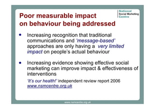 Poor measurable impact
on behaviour being addressed
Increasing recognition that traditional
communications and ‘message-based’
approaches are only having a very limited
impact on people’s actual behaviour
Increasing evidence showing effective social
marketing can improve impact & effectiveness of
interventions
‘It’s our health!’ independent review report 2006
www.nsmcentre.org.uk

www.nsmcentre.org.uk

 