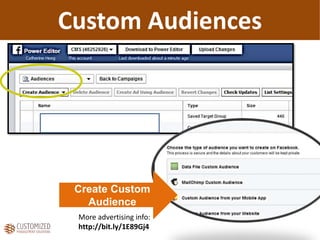 Custom Audiences
Create Custom
Audience
More advertising info:
http://bit.ly/1E89Gj4
 