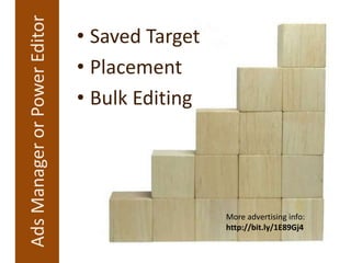 AdsManagerorPowerEditor • Saved Target
• Placement
• Bulk Editing
More advertising info:
http://bit.ly/1E89Gj4
 
