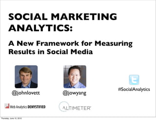 SOCIAL MARKETING
        ANALYTICS:
        A New Framework for Measuring
        Results in Social Media




                                     #SocialAnalytics
           @johnlovett    @jowyang



Thursday, June 10, 2010
 