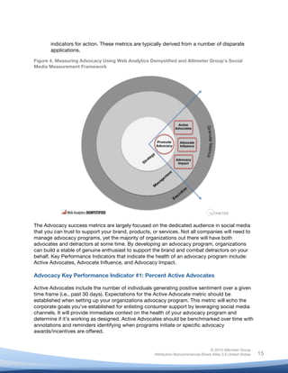 !
© 2010 Altimeter Group
Attribution-Noncommercial-Share Alike 3.0 United States
!
!
15
indicators for action. These metrics are typically derived from a number of disparate
applications.
Figure 4. Measuring Advocacy Using Web Analytics Demystified and Altimeter Group’s Social
Media Measurement Framework
The Advocacy success metrics are largely focused on the dedicated audience in social media
that you can trust to support your brand, products, or services. Not all companies will need to
manage advocacy programs, yet the majority of organizations out there will have both
advocates and detractors at some time. By developing an advocacy program, organizations
can build a stable of genuine enthusiast to support the brand and combat detractors on your
behalf. Key Performance Indicators that indicate the health of an advocacy program include:
Active Advocates, Advocate Influence, and Advocacy Impact.
Advocacy Key Performance Indicator #1: Percent Active Advocates
Active Advocates include the number of individuals generating positive sentiment over a given
time frame (i.e., past 30 days). Expectations for the Active Advocate metric should be
established when setting up your organizations advocacy program. This metric will echo the
corporate goals you’ve established for enlisting consumer support by leveraging social media
channels. It will provide immediate context on the health of your advocacy program and
determine if it’s working as designed. Active Advocates should be benchmarked over time with
annotations and reminders identifying when programs initiate or specific advocacy
awards/incentives are offered.
 