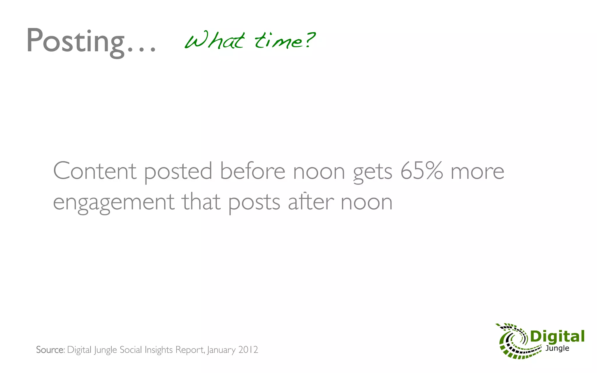 Posting…!                               What time?	





    Content posted before noon gets 65% more
              - The Social Inﬂuence Company	

    engagement that posts after noon	





Source: Digital Jungle Social Insights Report, January 2012	

 