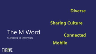 The M Word
Marketing to Millennials
Diverse
Connected
Sharing Culture
Mobile
 