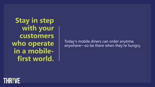 Stay in step
with your
customers
who operate
in a mobile-
first world.
Today's mobile diners can order anytime,
anywhere—so be there when they're hungry.
 