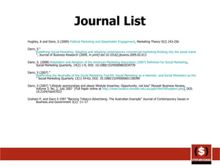Journal List Hughes, A and Dann, S (2009)  Political Marketing and Stakeholder Engagement , Marketing Theory 9(2) 243-256 Dann, S “ Redefining Social Marketing: Adapting and adopting contemporary commercial marketing thinking into the social marketing discipline ”, Journal of Business Research (2009,  in print)  doi:10.1016/j.jbusres.2009.02.013 Dann, S. (2008)  Adaptation and Adoption of the American Marketing Association (2007) Definition for Social Marketing , Social Marketing Quarterly, 14(2) 1-9, DOI: 10.1080/15245000802034739 Dann, S (2007) “ Reaffirming the Neutrality of the Social Marketing Tool Kit: Social Marketing as a Hammer, and Social Marketers as Hired Guns ” Social Marketing Quarterly 13(1) 54-62, DOI: 10.1080/15245000601158390 Dann, S (2007) "Lifestyle sponsorships and player lifestyle breaches: Opportunity, not loss" Monash Business Review, Volume 3, No. 2, July 2007  [Full Paper online at  http://www.buseco.monash.edu.au/gsb/mbr/full-papers.php ], DOI: 10.2104/mbr07023 Graham P, and Dann S 1997 "Banning Tobacco Advertising: The Australian Example" Journal of Contemporary Issues in Business and Government 3(2): 11–17 