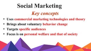 Social Marketing
Key concepts
• Uses commercial marketing technologies and theory
• Brings about voluntary behavior change
• Targets specific audiences
• Focus is on personal welfare and that of society
26
 