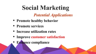 Social Marketing
Potential Applications
• Promote healthy behavior
• Promote services
• Increase utilization rates
• Improve customer satisfaction
• Enhance compliance
27
 