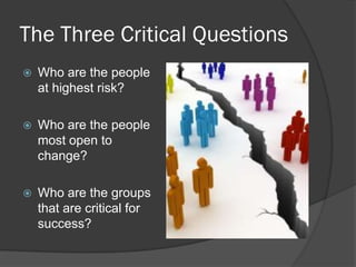 The Three Critical Questions
 Who are the people
at highest risk?
 Who are the people
most open to
change?
 Who are the groups
that are critical for
success?
 