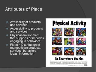 Attributes of Place
 Availability of products
and services
 Accessibility to products
and services
 Physical environment
that supports or impedes
engaging in behaviors
 Place = Distribution of
(competitive) products,
services, behaviors,
ideas, information
 