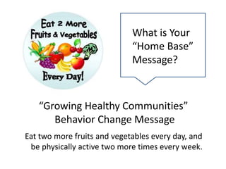 “Growing Healthy Communities”
Behavior Change Message
Eat two more fruits and vegetables every day, and
be physically active two more times every week.
What is Your
“Home Base”
Message?
 