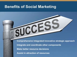 Benefits of Social Marketing
Comprehensive integrated innovative strategic approach
Integrate and coordinate other components
Make better resource decisions
Assist in attraction of resources
 