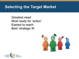 Selecting the Target Market
Greatest need
Most ready for ‘action’
Easiest to reach
Best ‘strategic fit’
 
