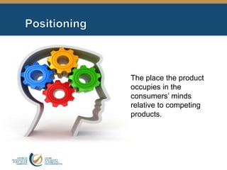 The place the product
occupies in the
consumers’ minds
relative to competing
products.
 