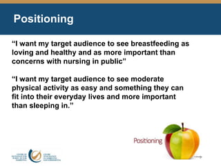 “I want my target audience to see breastfeeding as
loving and healthy and as more important than
concerns with nursing in public”
“I want my target audience to see moderate
physical activity as easy and something they can
fit into their everyday lives and more important
than sleeping in.”
Positioning
 