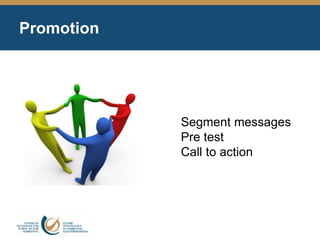 Promotion
Segment messages
Pre test
Call to action
 
