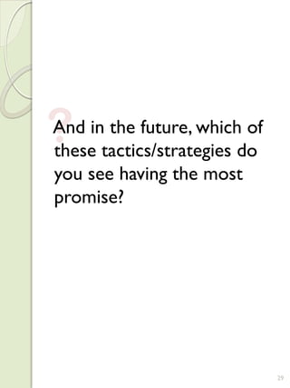?
And in the future, which of
these tactics/strategies do
you see having the most
promise?




                              29
 