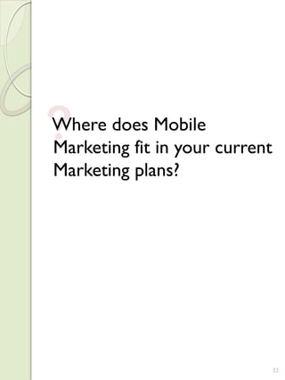 ?
Where does Mobile
Marketing fit in your current
Marketing plans?




                                32
 