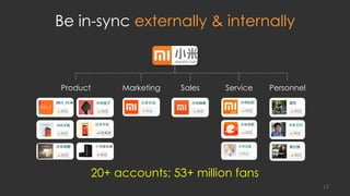 20+ accounts; 53+ million fans
Be in-sync externally & internally
17
Service PersonnelMarketing SalesProduct
 