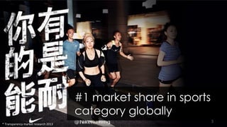 #1 market share in sports
category globally
5
*	
  Transparency	
  market	
  research	
  2013	
  
 