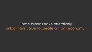 These brands have effectively
unlock fans value to create a “fans economy”
6
 