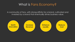 What is Fans Economy?
A community of fans, with strong affinity for a brand, cultivated and
invested by a brand that eventually drives business value.
7
Spark
Innovation
Increase
Revenue
Enhance
Loyalty
Reduce
Cost
 