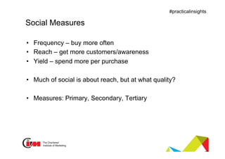 Presentation title
#practicalinsights
Social Measures
•  Frequency – buy more often
•  Reach – get more customers/awareness
•  Yield – spend more per purchase
•  Much of social is about reach, but at what quality?
•  Measures: Primary, Secondary, Tertiary
 