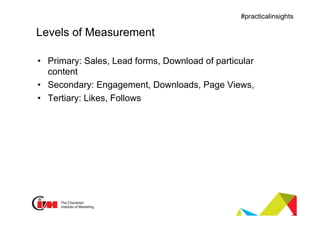 Presentation title
#practicalinsights
Levels of Measurement
•  Primary: Sales, Lead forms, Download of particular
content
•  Secondary: Engagement, Downloads, Page Views,
•  Tertiary: Likes, Follows
 