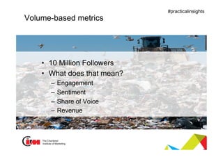 Presentation title
#practicalinsights
Volume-based metrics
•  10 Million Followers
•  What does that mean?
–  Engagement
–  Sentiment
–  Share of Voice
–  Revenue
 