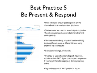 Best Practice 5 Be Present & Respond Comments included job inquiries, fun interactions and positive experiences How often you should post depends on the channel and how much content you have Twitter users are used to more frequent updates Facebook users get annoyed at more than 2-3 times per day.  The best times of day to post is determined by testing different posts at different times, using analytics  to see results Consider evenings, weekends It’s okay to use schedulers to post, however, social media is 24/7. If you post, expect responses. If you’re not there to respond, it diminishes your brand. Try and respond to ANY post in 24 hours. 