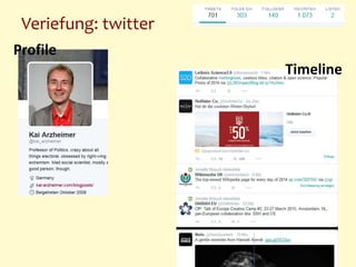 Veriefung: twitter
28.01.2015 <Name und/oder Titel der Veranstaltung>11
Profile
Timeline
 