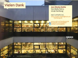 Vielen Dank
18
Jens Wonke-Stehle
Von-Melle-Park 3
20146 Hamburg
040 / 4 28 38-22 24
Jens.wonke-stehle@sub.uni-
hamburg.de
www.sub.uni-hamburg.de
facebook.com/stabihh
twitter.com/stabihh
Social Media für die Recherche28.01.2015
 