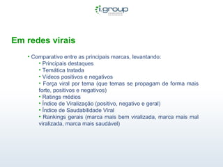 Em redes virais Comparativo entre as principais marcas, levantando: Principais destaques Temática tratada Vídeos positivos e negativos Força viral por tema (que temas se propagam de forma mais forte, positivos e negativos) Ratings médios Índice de Viralização (positivo, negativo e geral) Índice de Saudabilidade Viral Rankings gerais (marca mais bem viralizada, marca mais mal viralizada, marca mais saudável)  