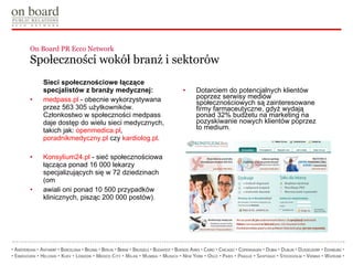 On Board PR Ecco Network  Społeczności wokół branż i sektorów Sieci społecznościowe łączące specjalistów z branży medycznej: medpass.pl  - obecnie wykorzystywana przez 563 305 użytkowników. Członkostwo w społeczności medpass daje dostęp do wielu sieci medycznych, takich jak:  openmedica.pl ,  poradnikmedyczny.pl   czy  kardiolog.pl .  Konsylium24.pl  - sieć społecznościowa łącząca ponad 16 000 lekarzy specjalizujących się w 72 dziedzinach (om awiali oni ponad 10 500 przypadków klinicznych, pisząc 200 000 postów). Dotarciem do potencjalnych klientów poprzez serwisy mediów społecznościowych są zainteresowane firmy farmaceutyczne, gdyż wydają ponad 32% budżetu na marketing na pozyskiwanie nowych klientów poprzez to medium.  