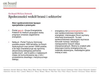 On Board PR Ecco Network  Społeczności wokół branż i sektorów Sieci społecznościowe łączące specjalistów z przemysłu Portal  gep.pl  - Grupa Energetyków Polskich to medium grupujące osoby pragnące omawiać zagadnienia energetyki. Nettg.pl - Portal Trybuny Górniczej; posiada prawie 1600 tematów na forach dyskusyjnych oraz ponad 13000 postów, a do tego charakteryzuje się ogromną aktywnością dialogową partnerów społecznych. Jest to jedno z najlepszych miejsc do komunikowania się z nimi i prowadzenia otwartego i merytorycznego dialogu. energetycy.net ( powerengineers.net ) - sieć społecznościowa inżynierów energetyki; interesujące forum wymiany informacji branżowych. Ta sieć społecznościowa precyzyjnie wyznacza kierunek rozwoju: edukacja i nawiązywanie nowych relacji interpersonalnych. Można tu znaleźć pliki dotyczące branży energetycznej czy materiały edukacyjne, niedostępne gdzie indziej w sieci.  