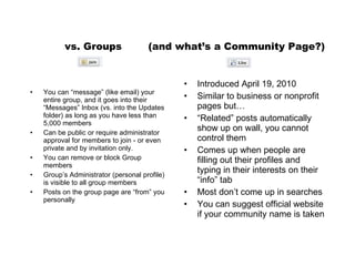 vs. Groups  (and what’s a Community Page?) You can “message” (like email) your entire group, and it goes into their “Messages” Inbox (vs. into the Updates folder) as long as you have less than 5,000 members Can be public or require administrator approval for members to join - or even private and by invitation only.  You can remove or block Group members Group’s Administrator (personal profile) is visible to all group members Posts on the group page are “from” you personally Introduced April 19, 2010 Similar to business or nonprofit pages but… “ Related” posts automatically show up on wall, you cannot control them Comes up when people are filling out their profiles and typing in their interests on their “info” tab Most don’t come up in searches You can suggest official website if your community name is taken 