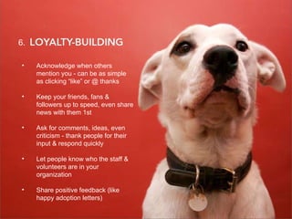 7. Loyalty Building Acknowledge when others mention you - can be as simple as clicking “like” or @ thanks Keep your friends, fans & followers up to speed, even share news with them 1st  Ask for comments, ideas, even criticism - thank people for their input & respond quickly Let people know who the staff & volunteers are in your organization Share positive feedback (like happy adoption letters) 6. 