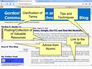 Clarification of  Terms Tips and Techniques Posting/Collection of of Valuable Resources Link to the Field Advice from Alumni 