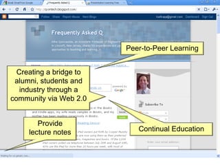 Creating a bridge to alumni, students and industry through a community via Web 2.0 Continual Education Peer-to-Peer Learning Provide lecture notes 