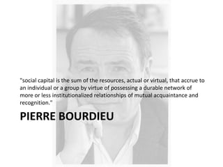Pierre Bourdieu"social capital is the sum of the resources, actual or virtual, that accrue to an individual or a group by virtue of possessing a durable network of more or less institutionalized relationships of mutual acquaintance and recognition."