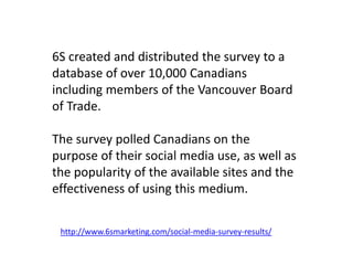 6S created and distributed the survey to a database of over 10,000 Canadians including members of the Vancouver Board of Trade. The survey polled Canadians on the purpose of their social media use, as well as the popularity of the available sites and the effectiveness of using this medium. http://www.6smarketing.com/social-media-survey-results/