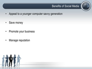 The Six Major Types of Social MediaSocial NetworkingAn association of people drawn together by family, work or hobbySocial BookmarkingA method of saving and storing web pages in a single online location for future use or for sharing with other Internet users Presentation SharingSharing a business presentation through the web for clients that may not be close by