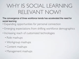 WHY IS SOCIAL LEARNING
       RELEVANT NOW?
The convergence of three workforce trends has accelerated the need for
social learning:
• Expanding    opportunities for personal connection
• Emerging     expectations from shifting workforce demographics
• Increasing   reach of customized technologies
  • Role   mashups
  • Workgroup      mashups
  • Content     mashups
  • Management      mashups
 