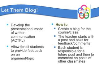 LetThem Blog!Develop the presentational mode of written communication (ACTFL)Allow for all students to provide feedback on an argument/topicHow toCreate a blog for the course/classThe teacher starts with a post and asks for feedback/commentsEach student is responsible for a future post and then to comment on posts of other classmates