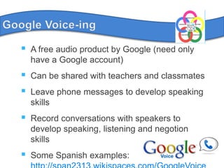 Google Voice-ingA free audio product by Google (needonlyhave a Google account)Can be shared with teachers and classmatesLeavephonemessages to developspeakingskillsRecord conversations with speakers to developspeaking, listening and negotionskillsSome Spanish examples:http://span2313.wikispaces.com/GoogleVoice
