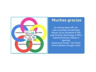 Muchasgraciasfor sharingideas with me:Julia Cozzarelli (Voicethread)Reynol Junco (Students & SM)José Picardo (Technology in MFL)CaterinaPolincaro (Italian e-learning)Esperanza Roman  (YouTube) Donna Shelton (Google Voice)