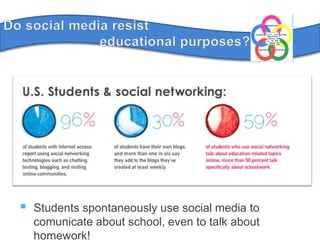 Do social media resisteducational purposes?Students spontaneously use social media to comunicate aboutschool, even to talk abouthomework!