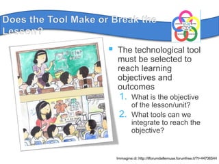 Does the ToolMake or Break the Lesson?The technological tool must be selected to reach learning objectives and outcomesWhat is the objective of the lesson/unit? What tools can we integrate to reach the objective?Immagine di: http://ilforumdellemuse.forumfree.it/?t=44736544